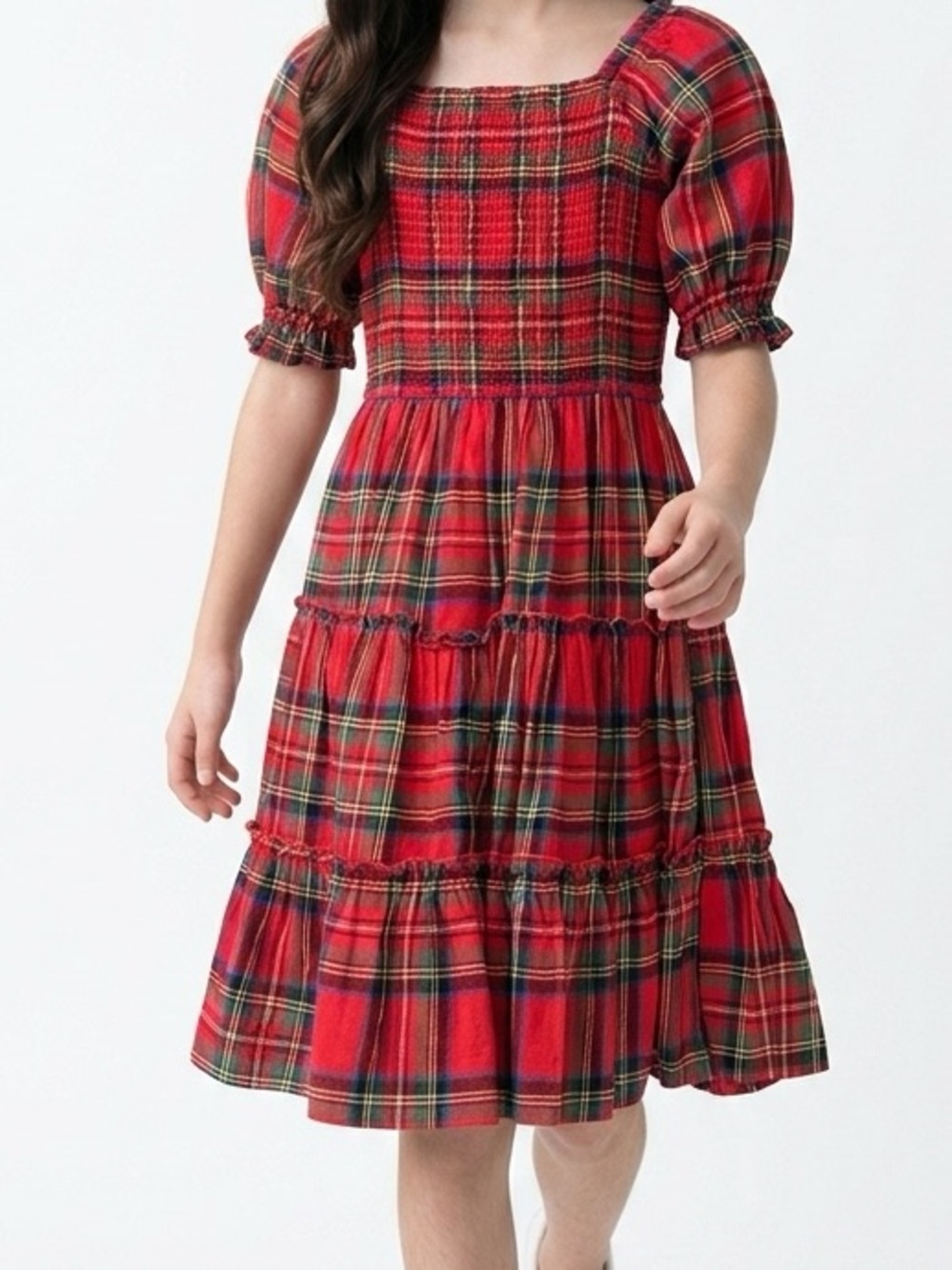 Ivy City Co Red Plaid Tiered Puff-Sleeve Dress